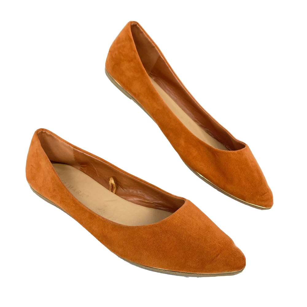Primark Shoes Womens Sz 9 Orange Suede Leather Point Toe Slip On Flats Gold
